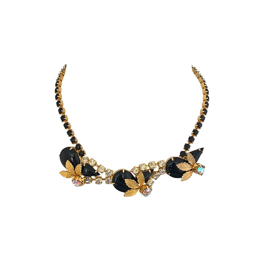 Vintage 1950s Necklace Mid Century Black With Crystal Collar Choker - 7F